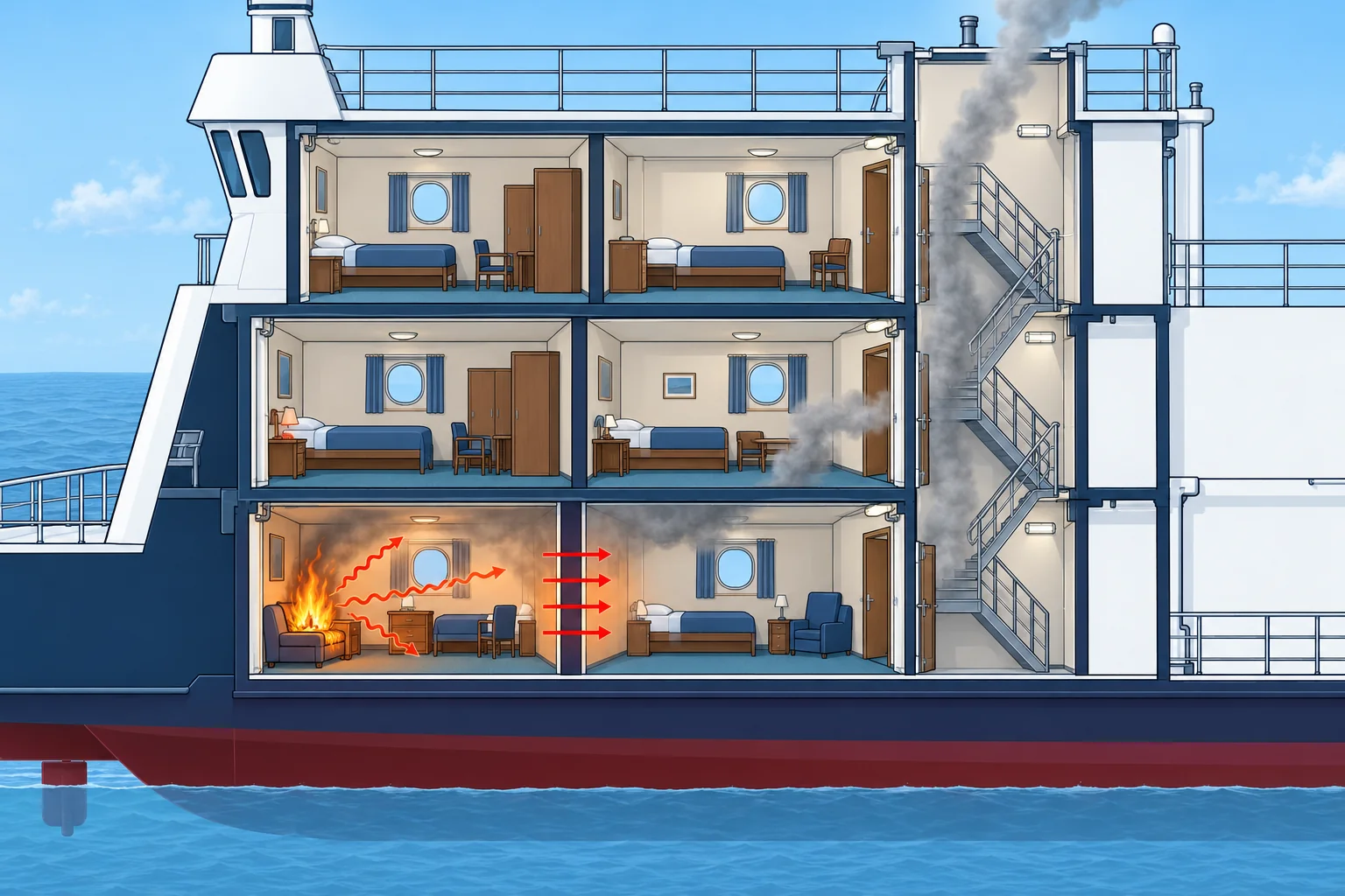 How fire spreads, flashover and backdraught