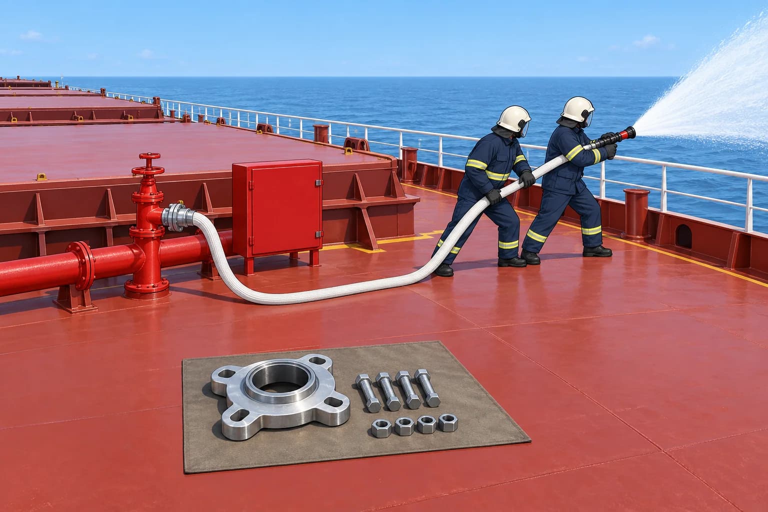 The fire main, hydrants, hoses and nozzles