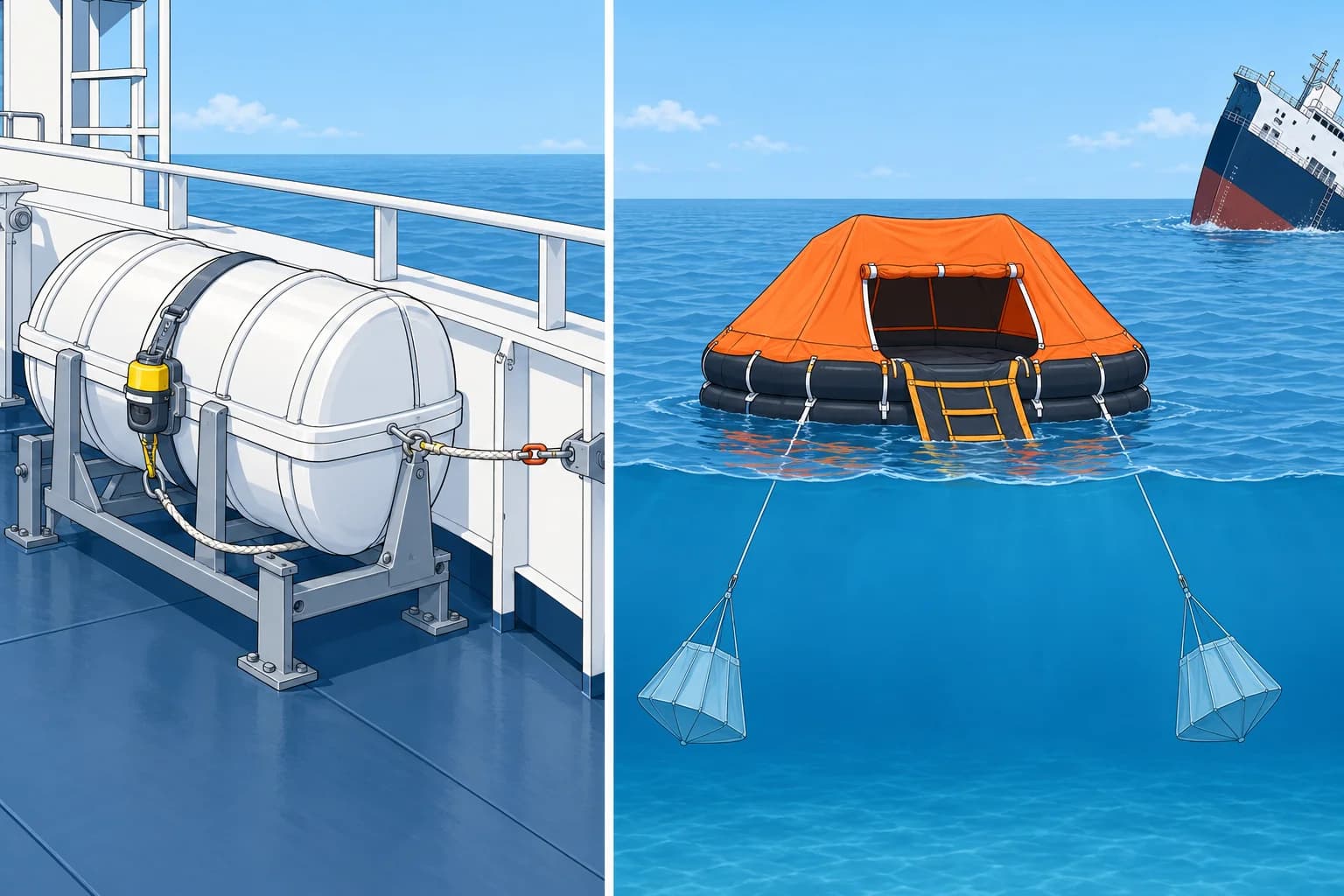 Liferafts: types, float-free arrangement and servicing