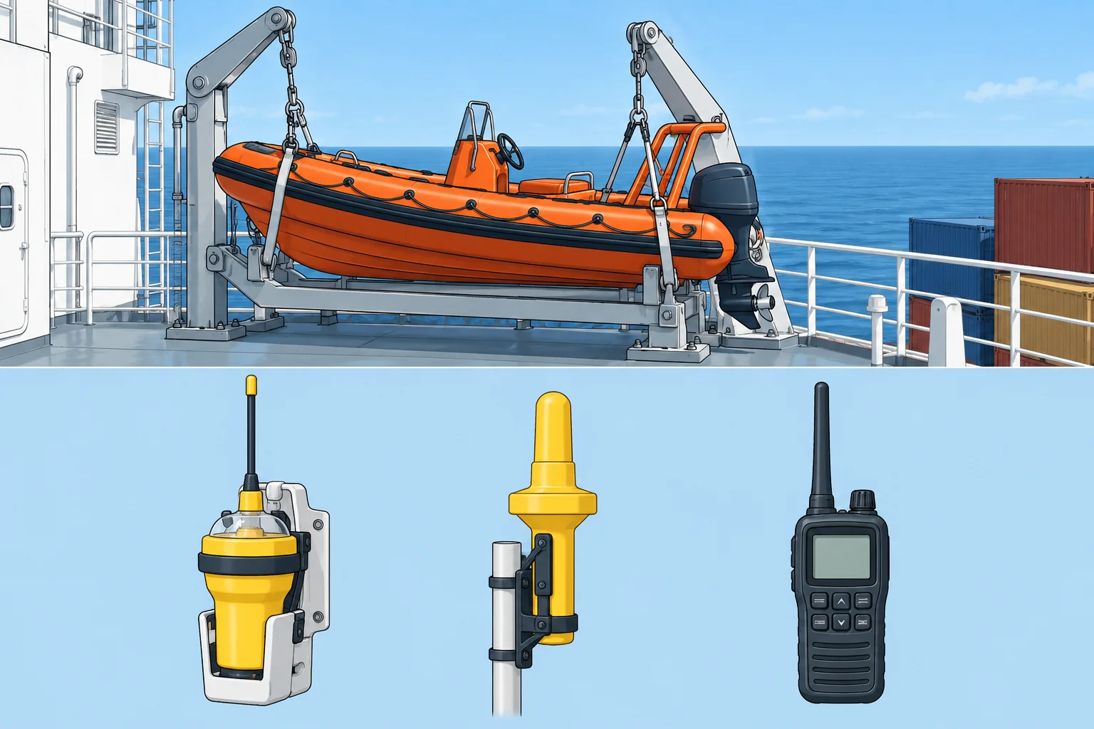 Rescue boats, EPIRB, SART and portable VHF