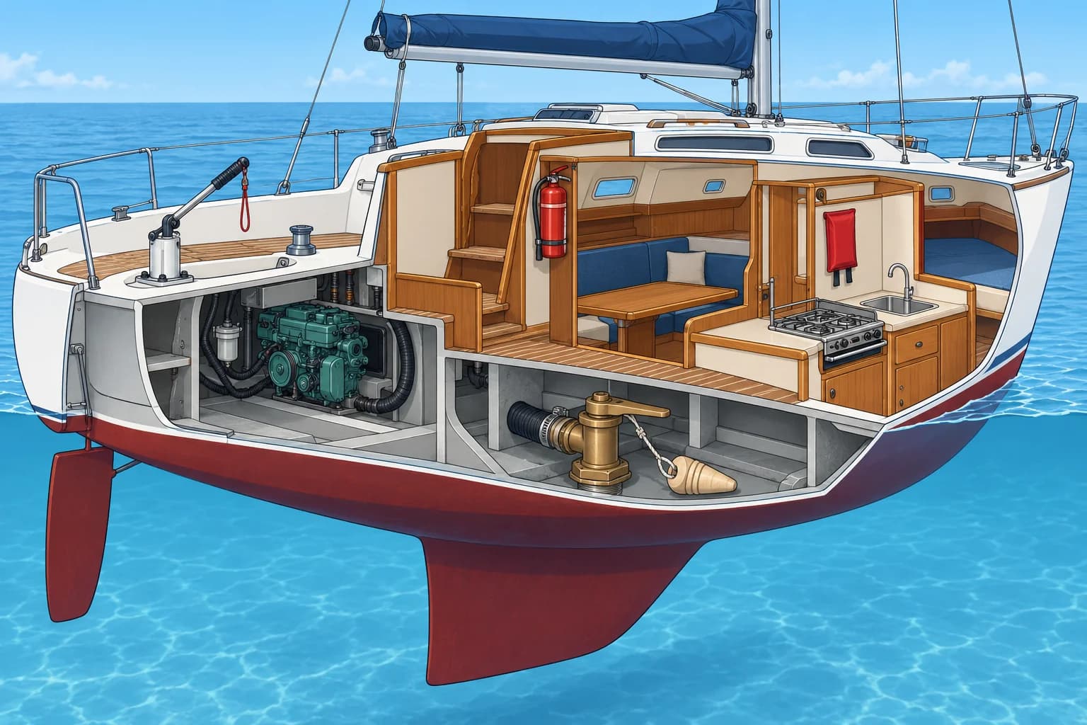 Fire extinguishers, bilge pumps and bungs