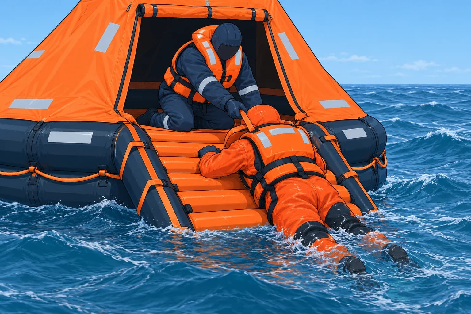 Righting a liferaft and boarding from the water