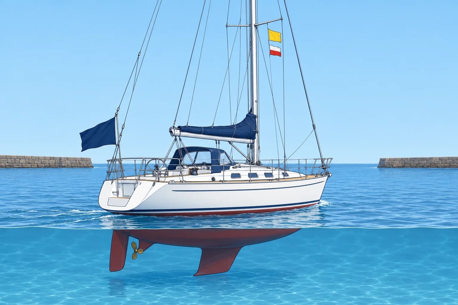 Ensign, courtesy flag and the Q flag
