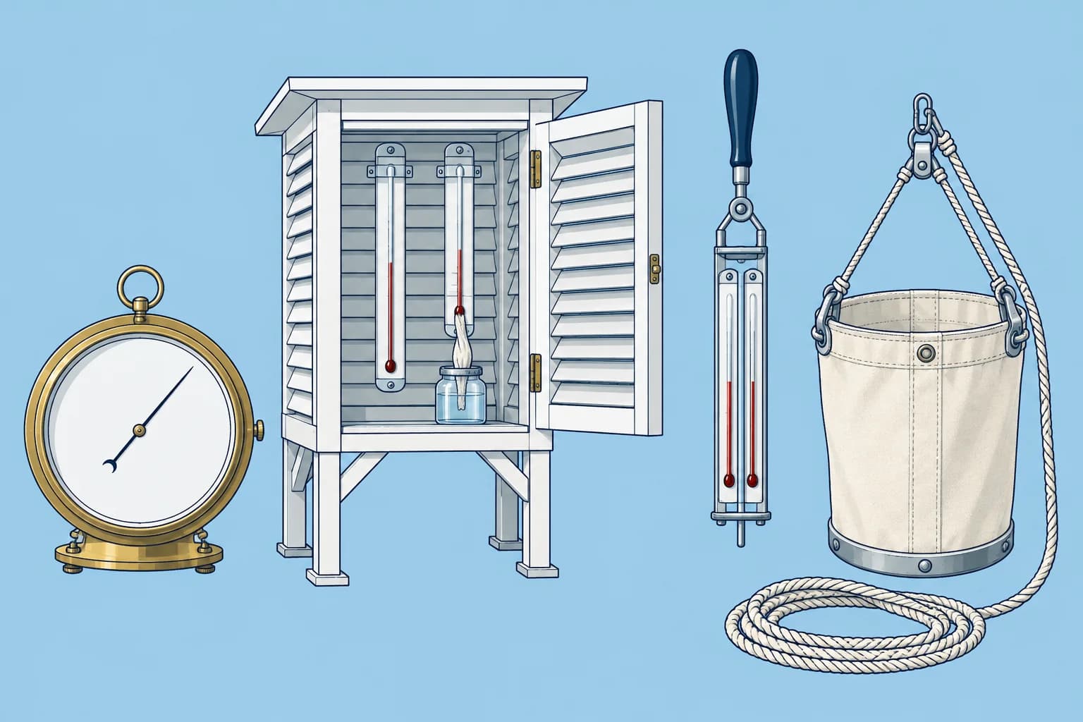 Pressure, air temperature, humidity and sea temperature