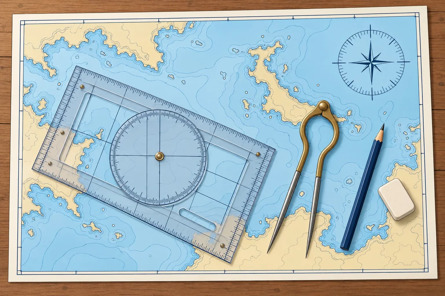 The chartwork tools: plotter, dividers and pencil