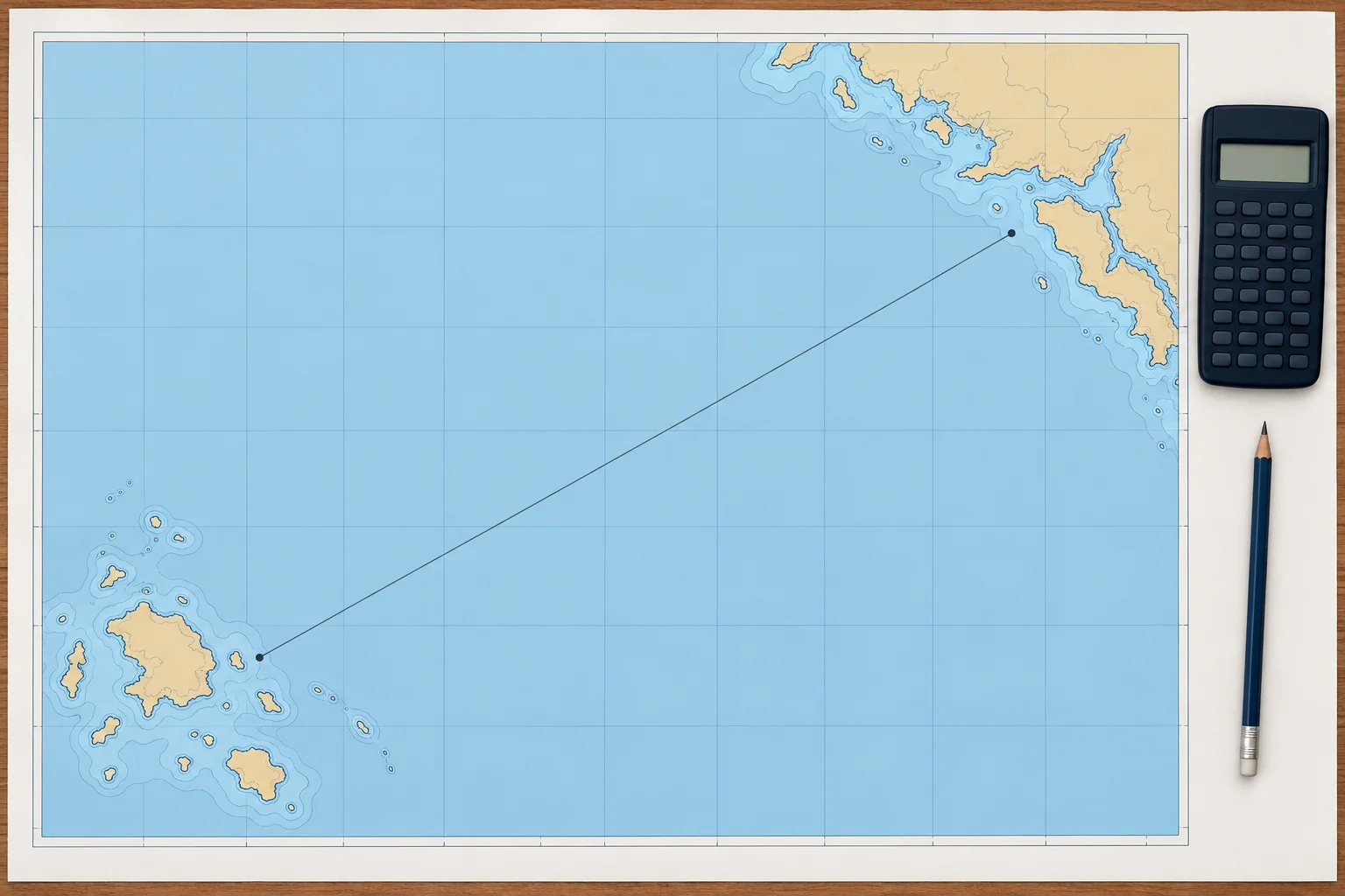 Worked: course and distance between two positions