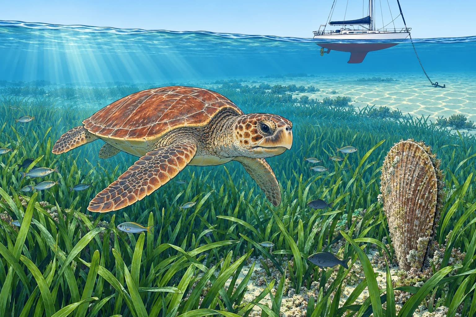 Sea turtles, seagrass and plastic