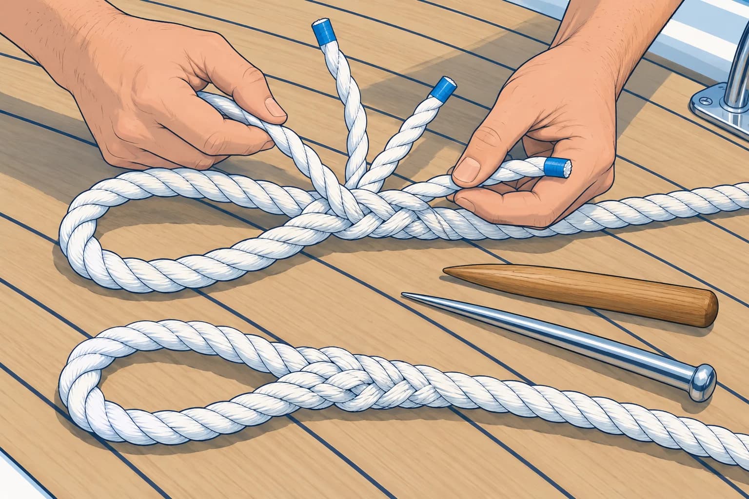 Basic splices: eye splice, back splice and braid splices