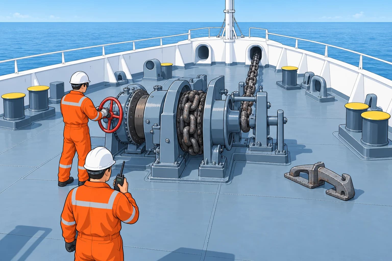 The anchor station: windlass, letting go and reporting the cable