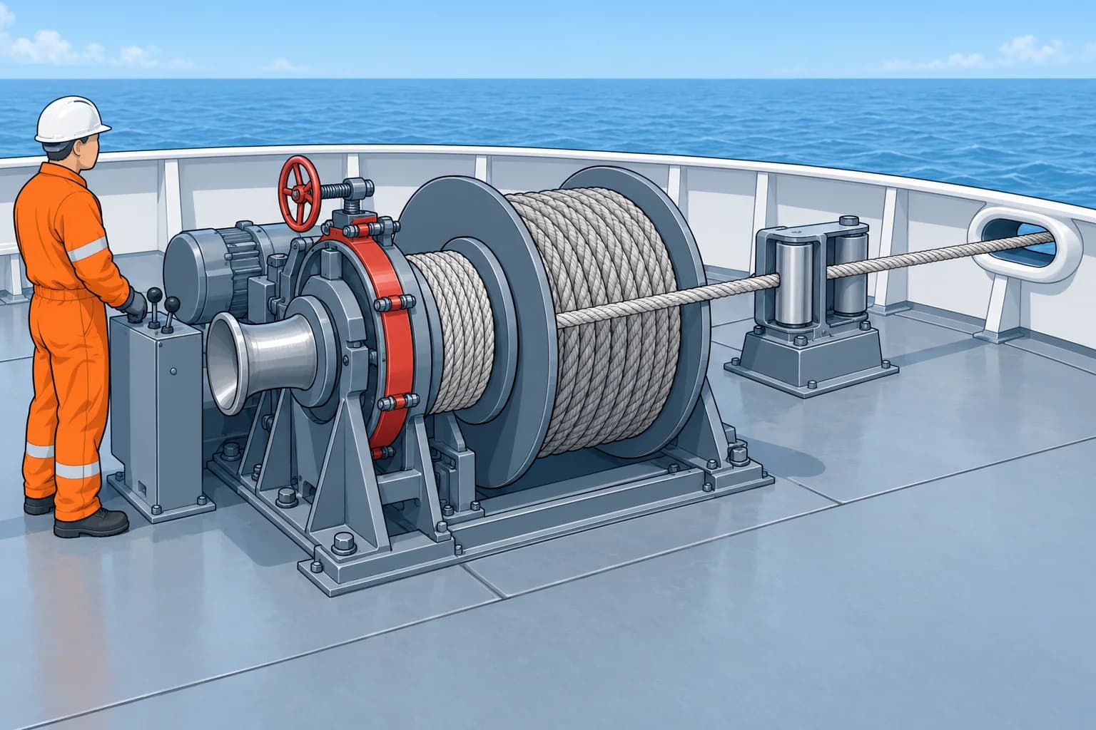 Mooring winches: drums, brakes and the line on the brake