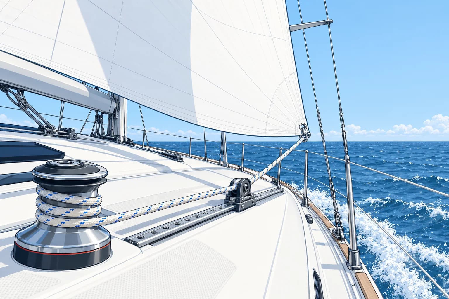 Headsail controls: sheet, car and halyard