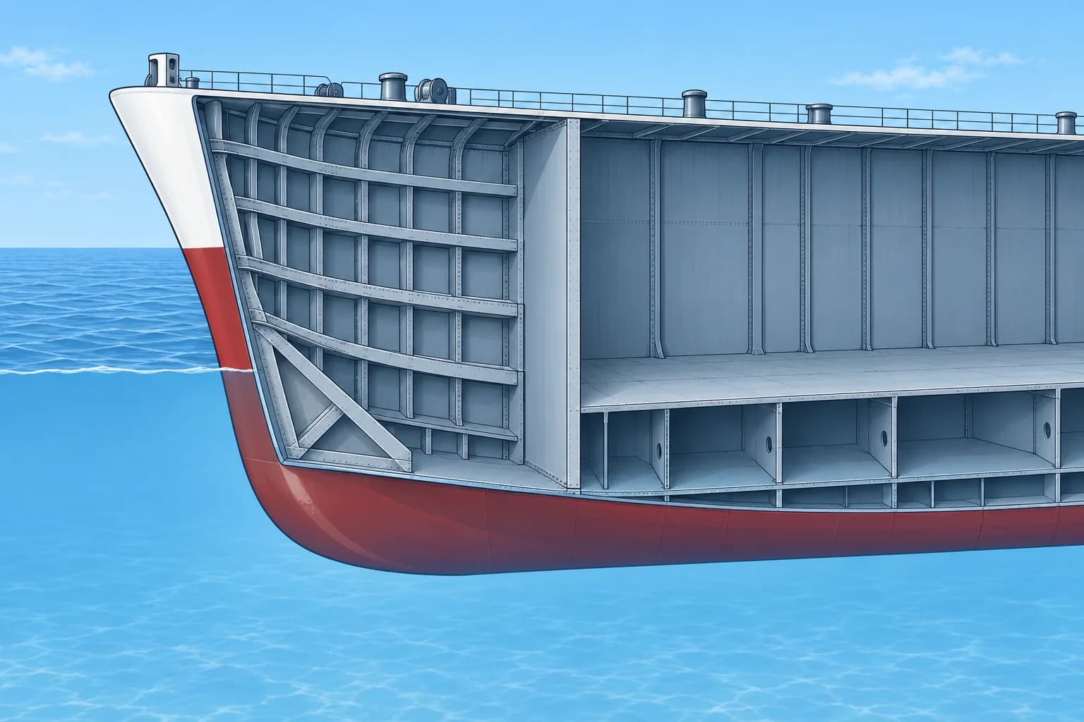 The double bottom, the collision bulkhead and the strengthened ends