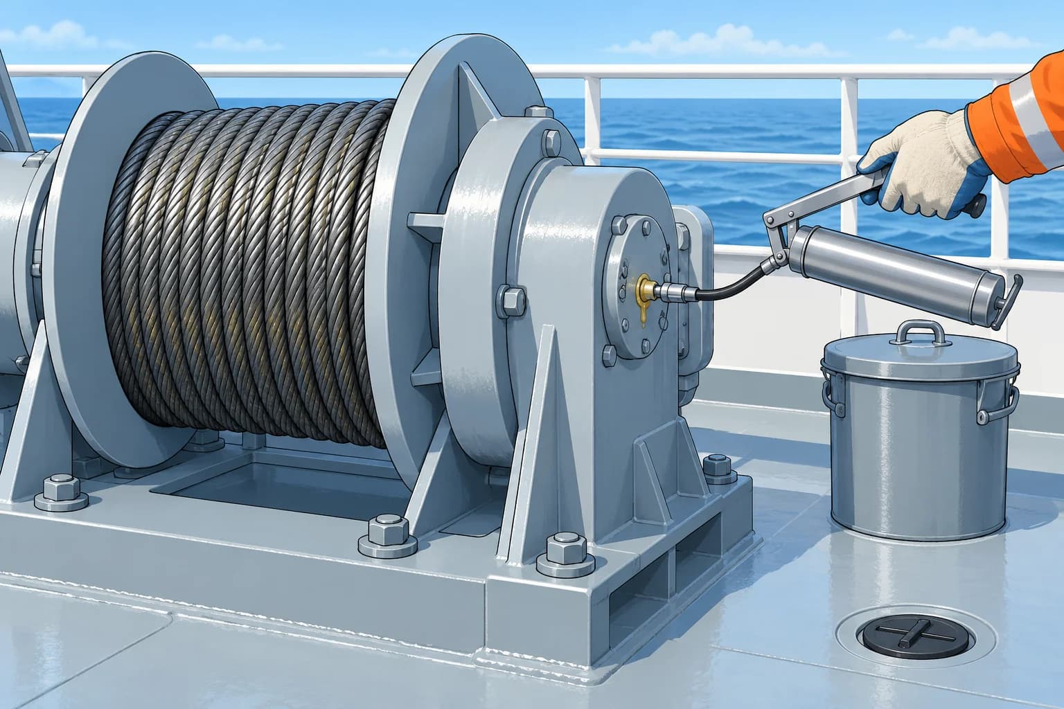 Lubrication: grease points, wire dressing and keeping oil off the sea