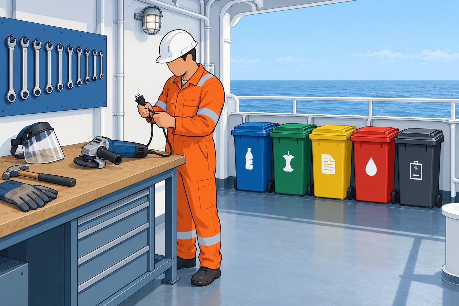 Planned maintenance, defect reports, tools and waste on board