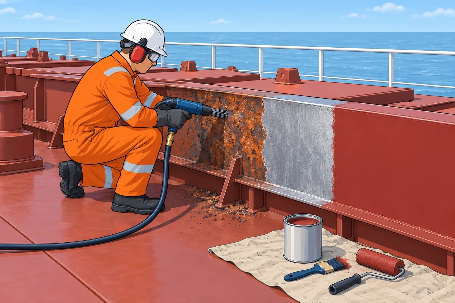 Painting: rust grades, surface preparation, coats and safety