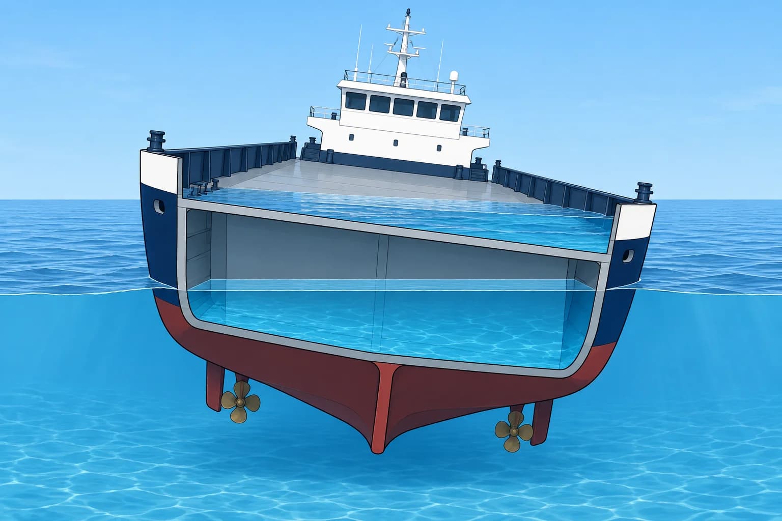 Free surface on a small ship: tanks, fish holds and water on deck