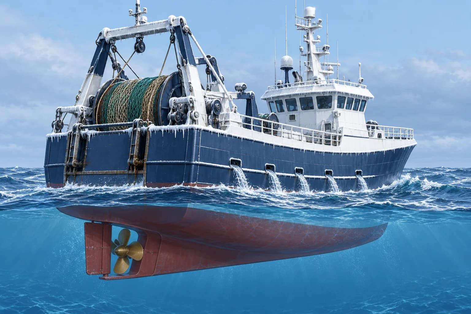 Loading a small ship: deck cargo, gear and ice
