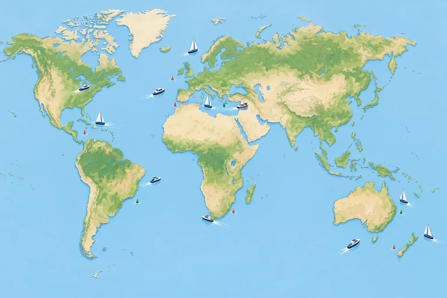 A stylized world map with small pleasure boats and navigation markers, illustrating boating requirements around the world.