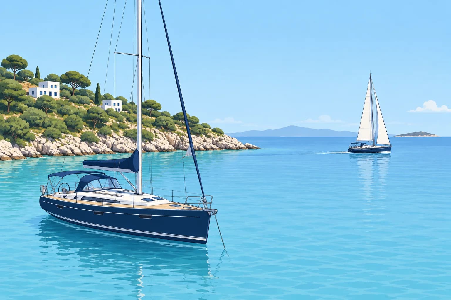 A conceptual illustration of a charter sailing yacht at anchor in a turquoise bay below a rocky headland with a few white houses, while another yacht heads out to sea.