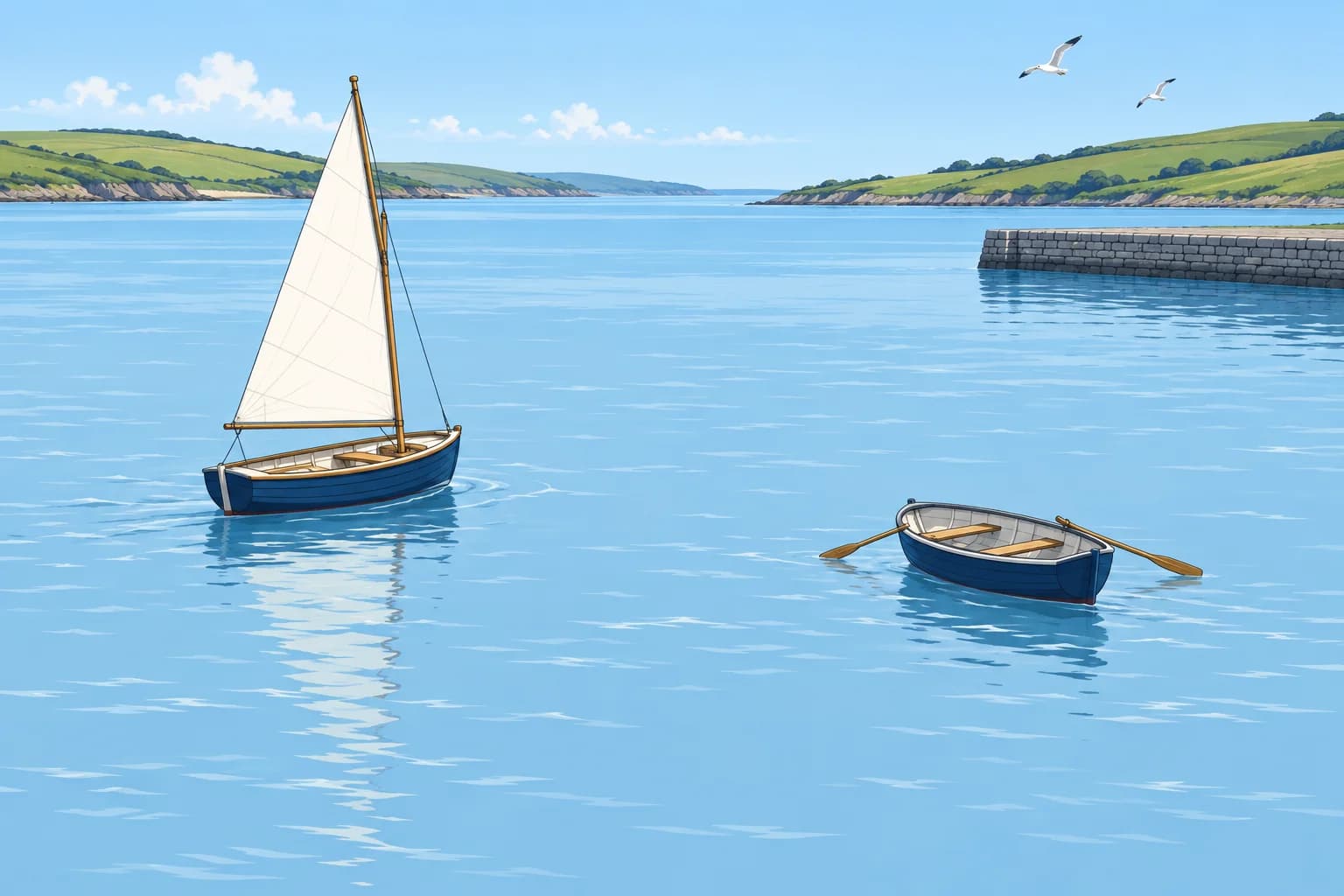 A wooden sailing dinghy and a rowing boat on a calm estuary, with green hills and a stone quay in the distance.
