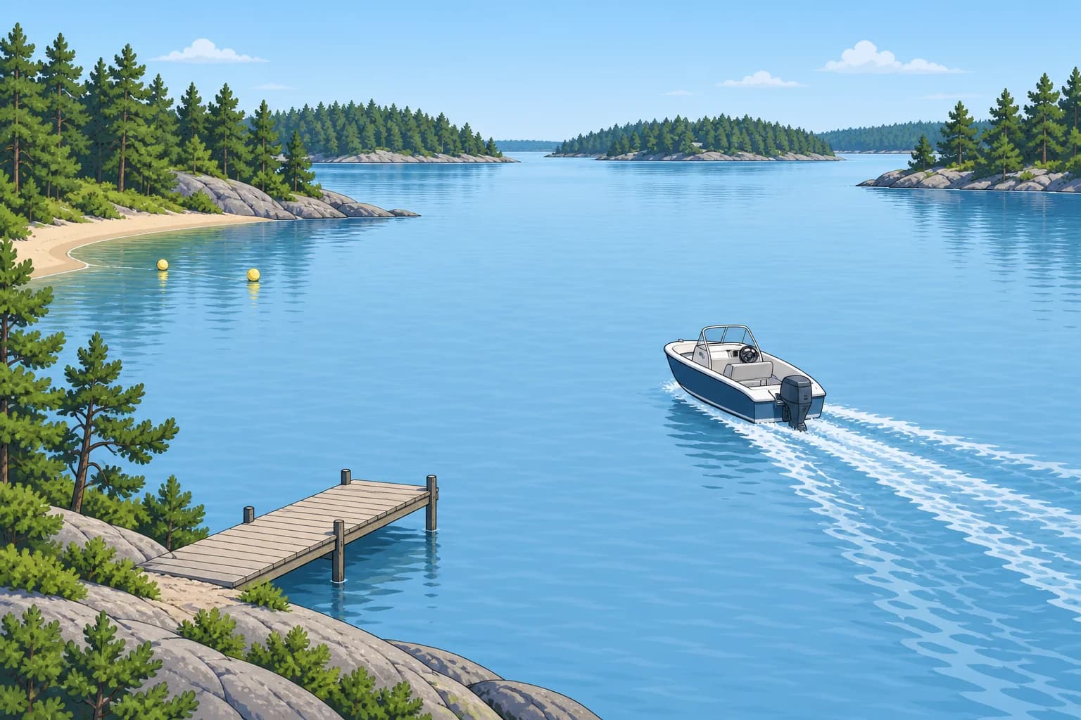 A small motorboat on a calm lake among pine-covered shores, with a wooden jetty, beach and two yellow buoys.