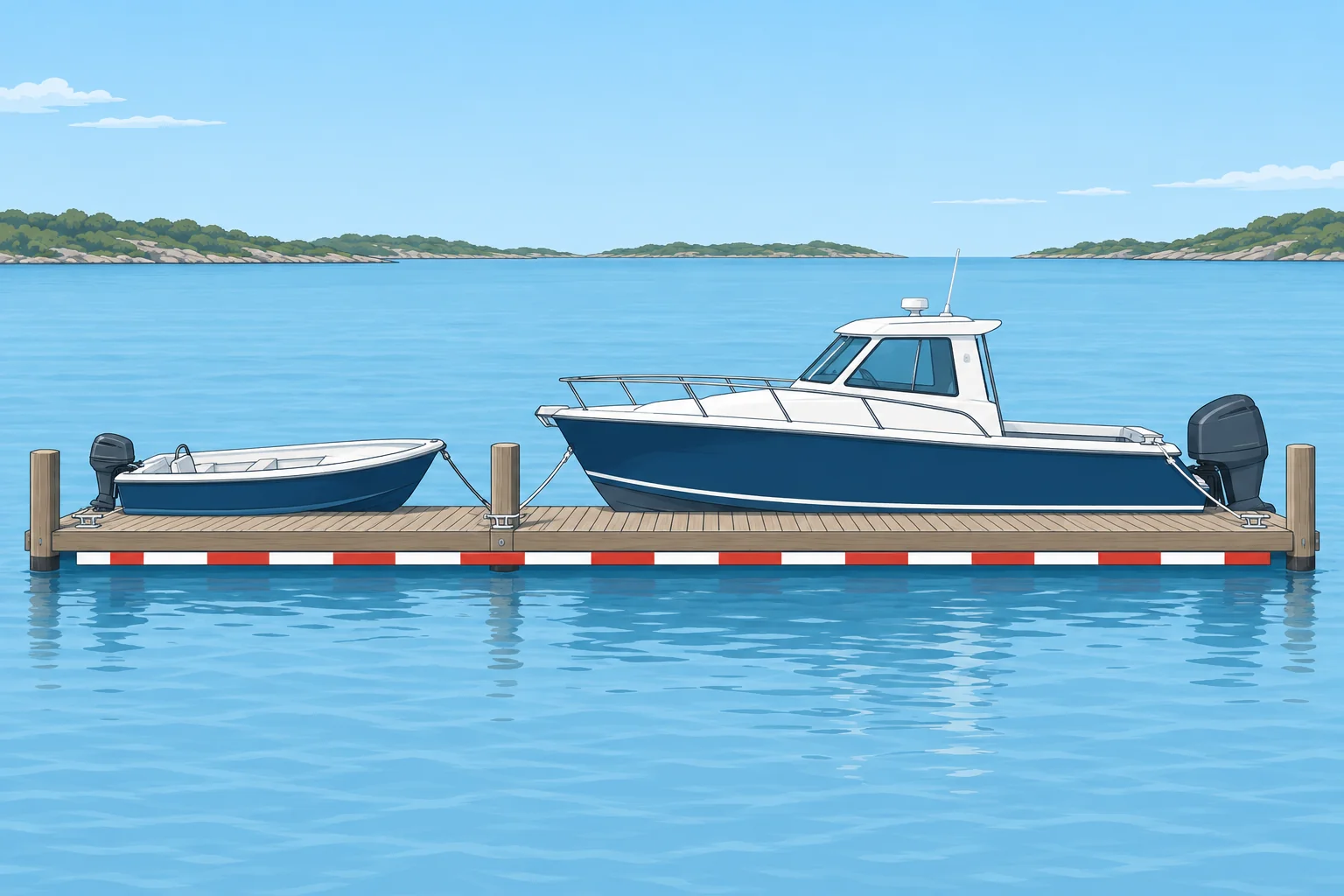 A conceptual illustration of a small tender with a tiny outboard beside a much longer motorboat with a large engine, moored at one pontoon with a measuring band below.