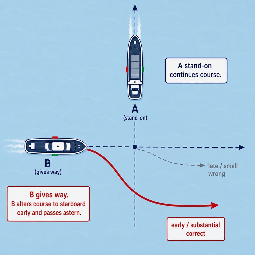 Give-way vessel — early and substantial action to keep well clear.
