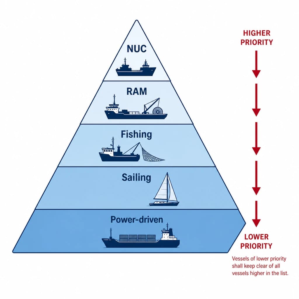 Pirámide de responsabilidades — sin gobierno > maniobra restringida > pesca > vela > motor.