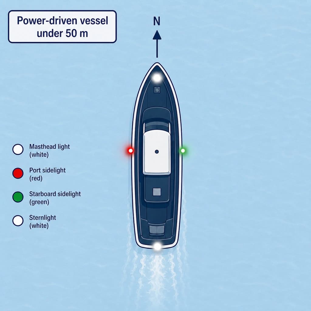 Power-driven vessel under 50 m underway — masthead, sidelights, sternlight.