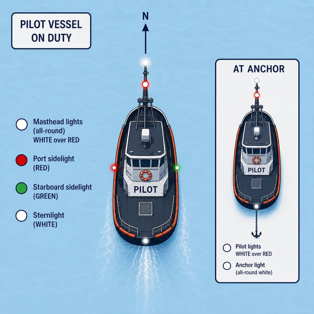 Buque práctico de servicio — blanco sobre rojo todo horizonte + costados/alcance al navegar.