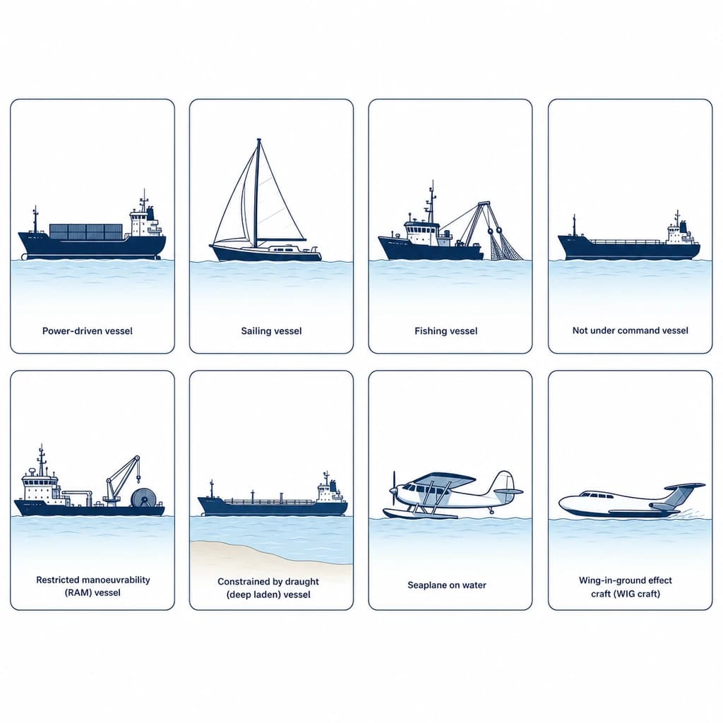 Tipos de buque: propulsión mecánica, vela, pesca, sin gobierno, maniobra restringida, CBD, hidroavión, WIG.