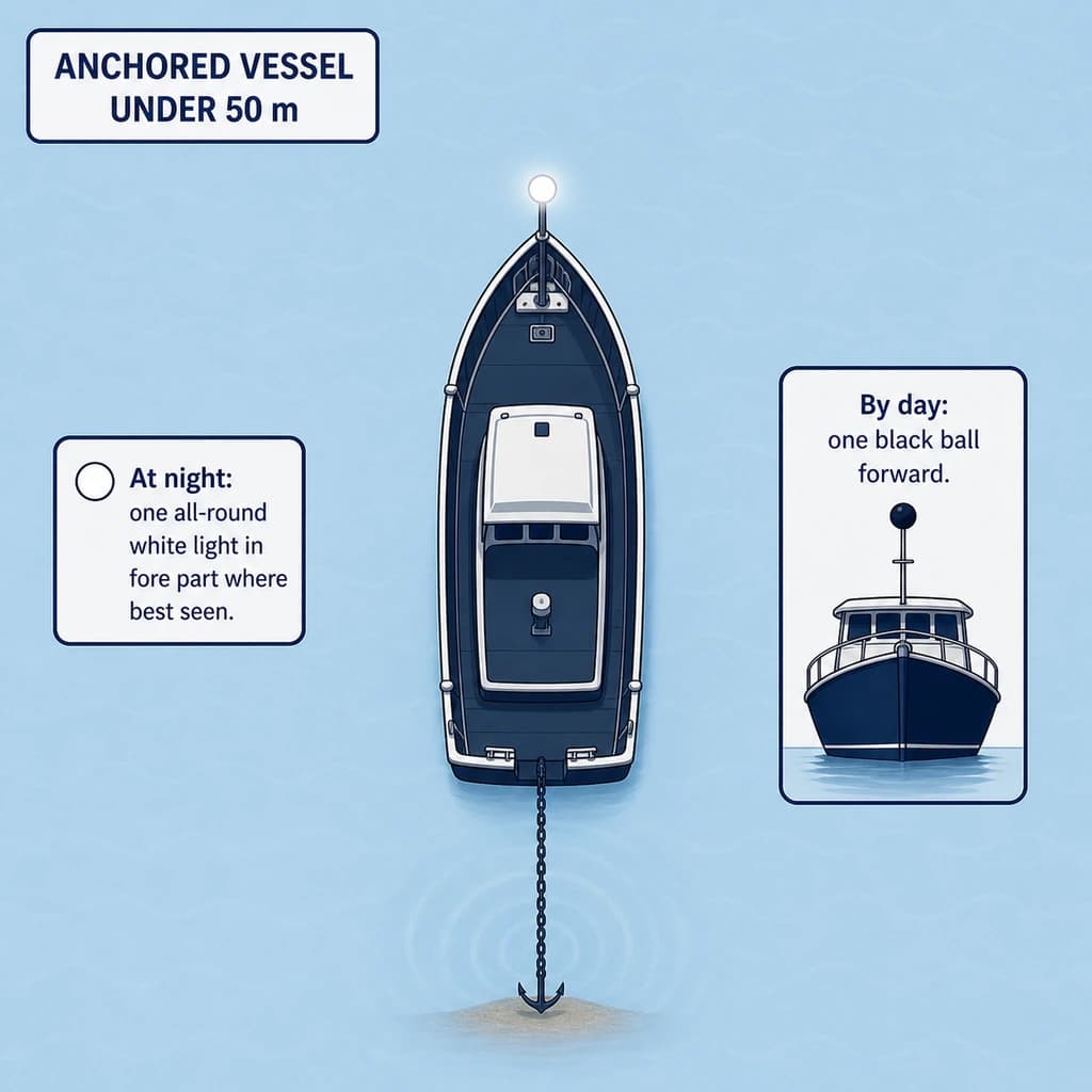 Vessel at anchor < 50 m — one all-round white forward; ball by day.