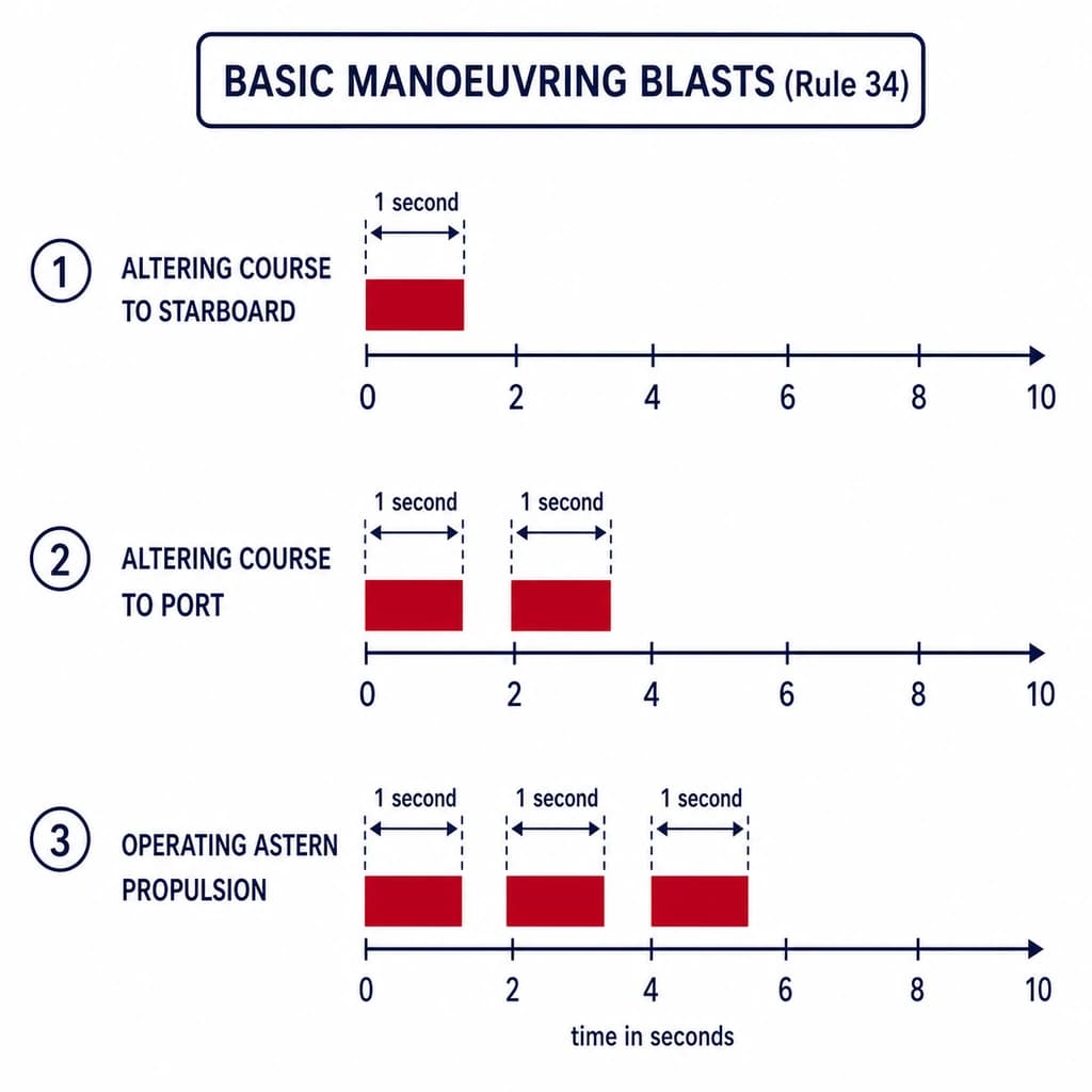Pitadas básicas: 1 corta = estribor, 2 cortas = babor, 3 cortas = atrás.