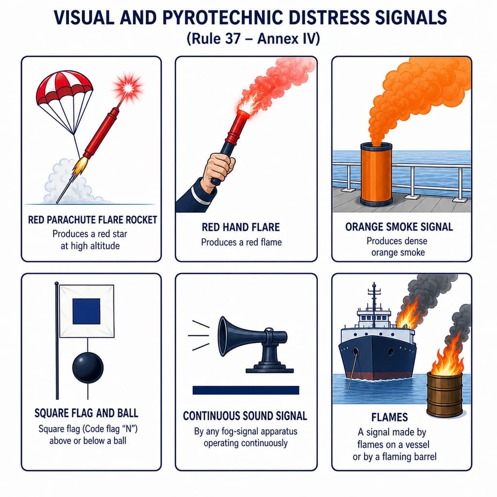 Señales visuales de socorro — bengalas rojas, bandera cuadrada con bola, llamas, humo naranja.