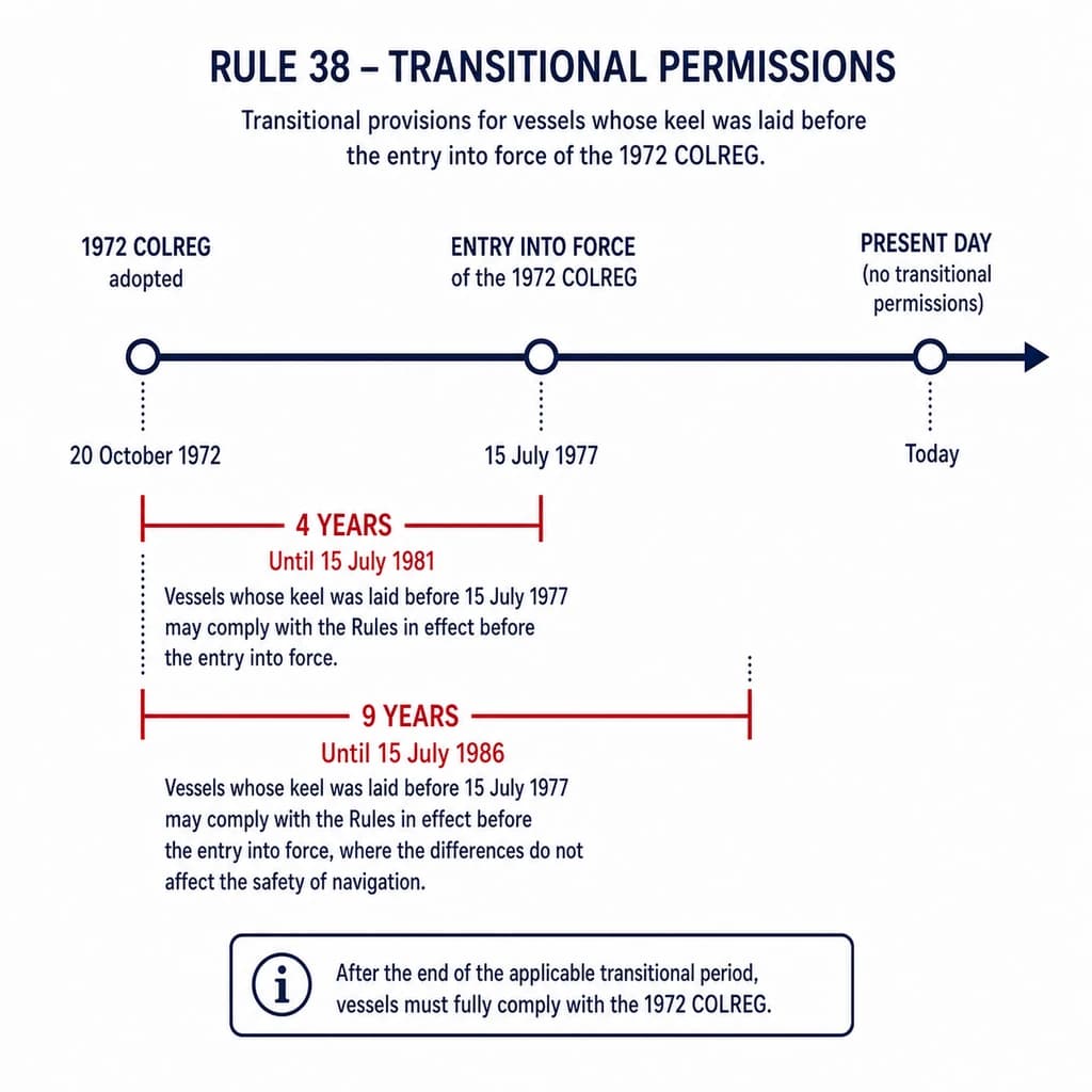 Exempcions — permisos transitoris per a vaixells construïts abans de l'entrada en vigor del COLREG.