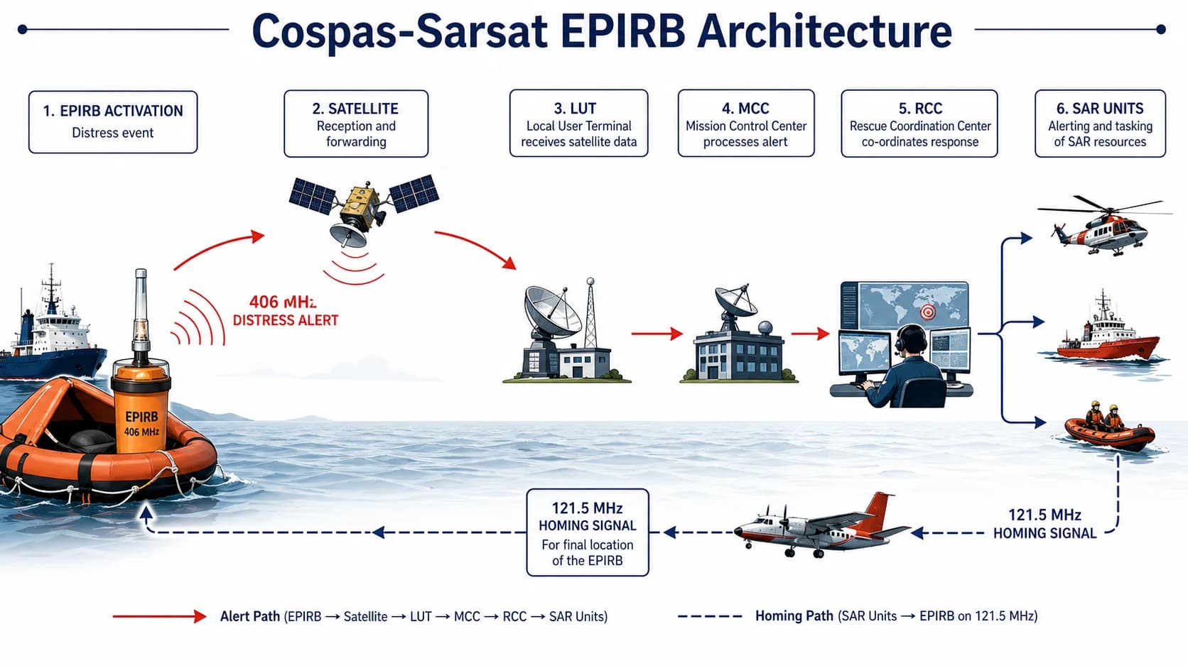 Cospas-Sarsat architecture: LEOSAR / GEOSAR / MEOSAR constellations, LUTs, MCC and RCC