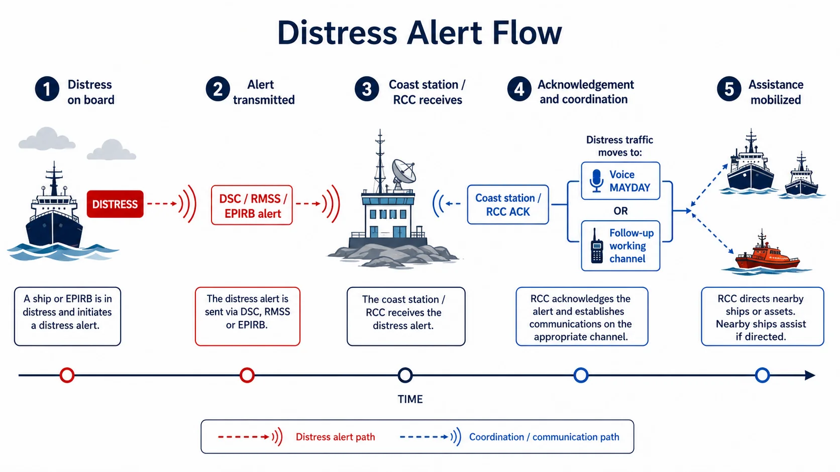 Figura 23 del manual: flux complet d'actuació davant socors — alerta DSC, abandonament, SART/EPIRB, trànsit amb RCC