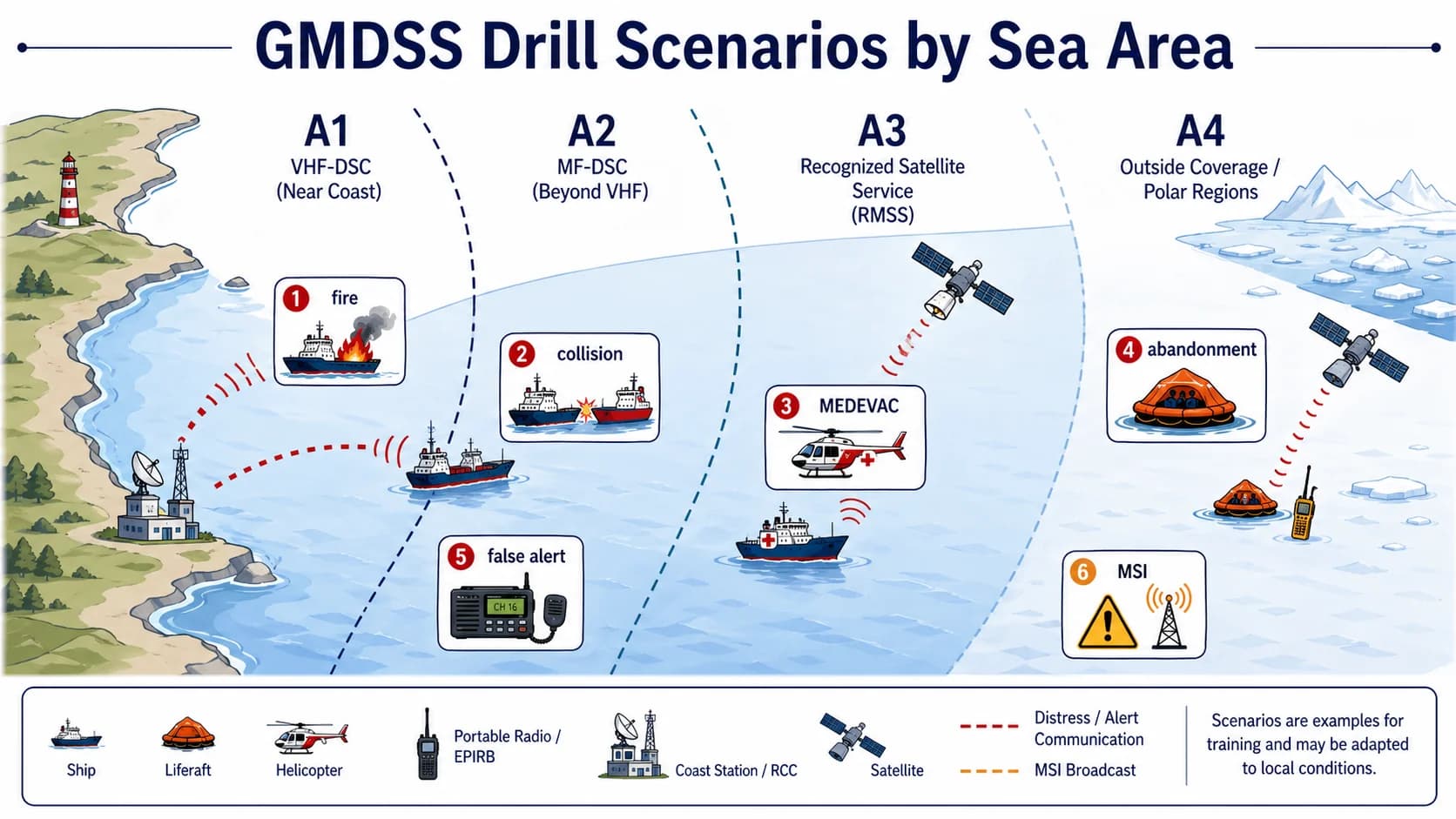 Schematic drill map across sea areas A1-A4: fire, collision, MEDEVAC, abandonment, false alert, MSI