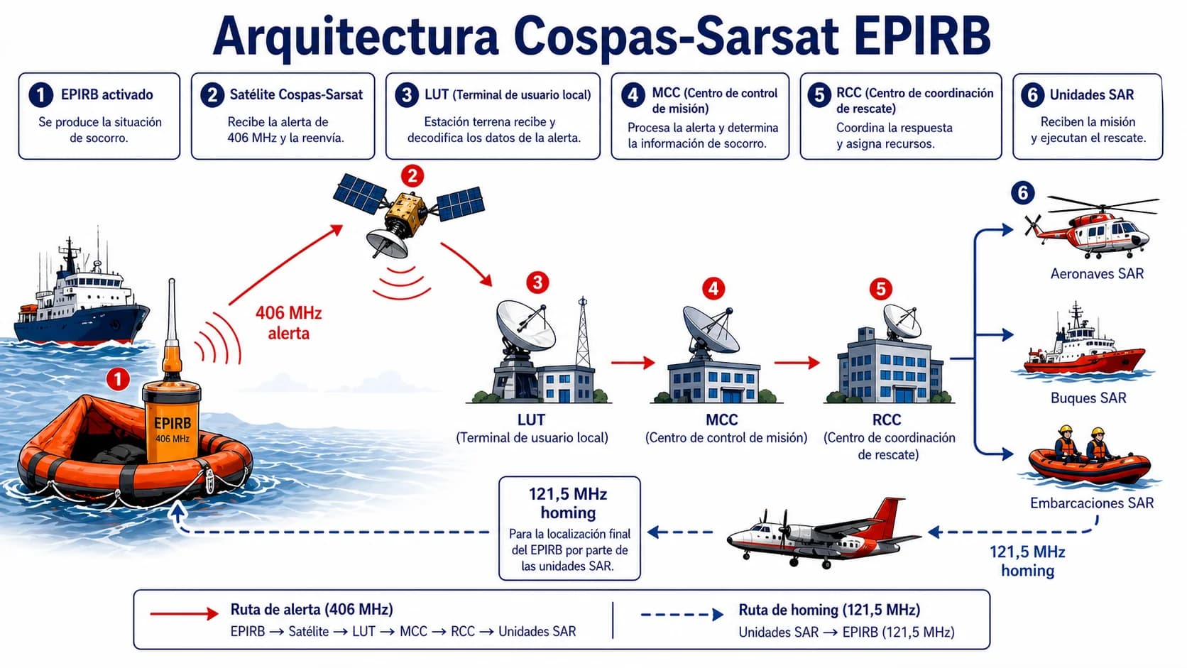 Arquitectura Cospas-Sarsat: constelaciones LEOSAR / GEOSAR / MEOSAR, LUT, MCC y RCC