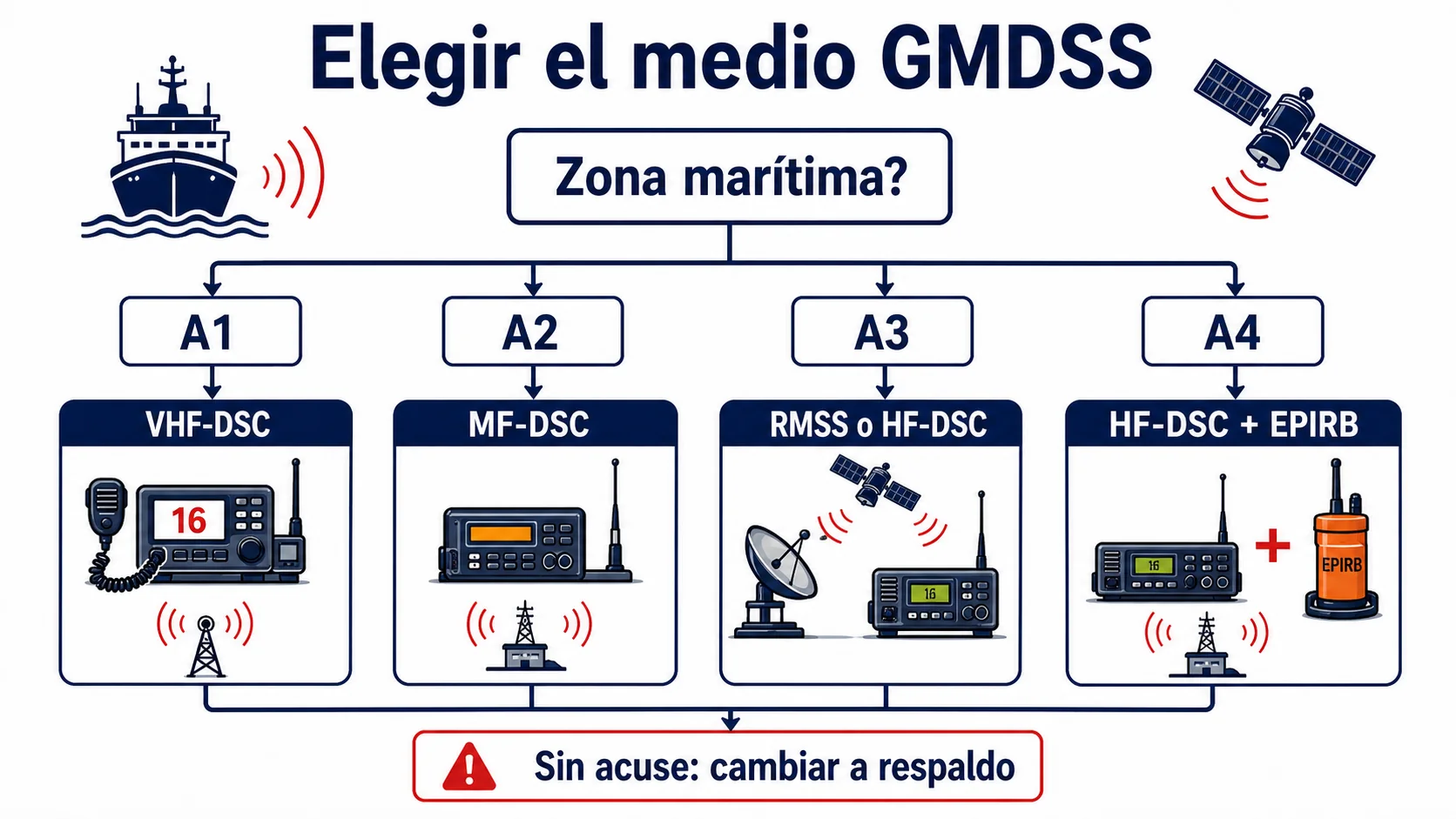 Árbol de decisión: zona marítima → medio primario → respaldo → EPIRB