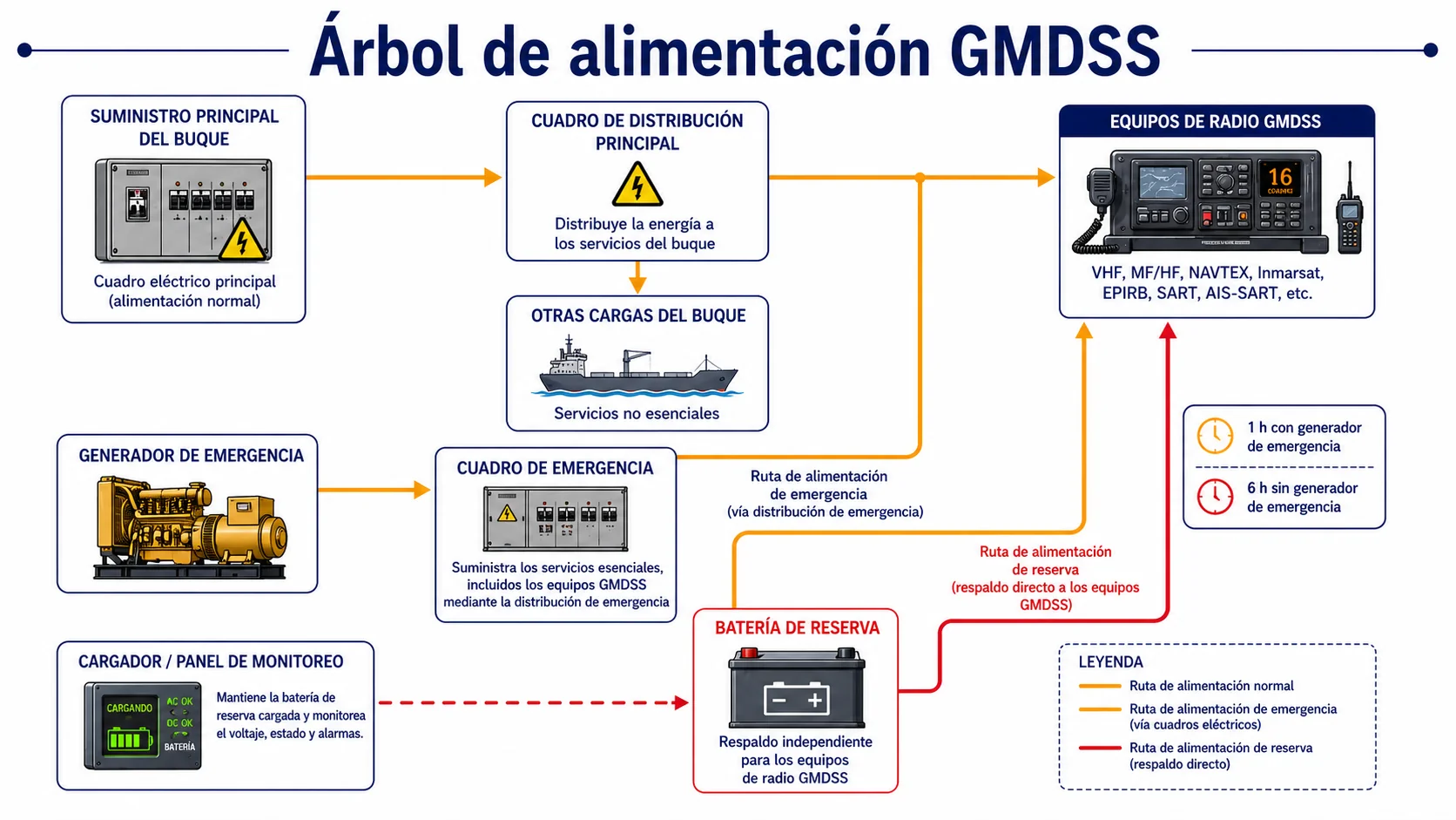 Árbol de alimentación GMDSS: fuente principal → fuente de emergencia del buque → reserva radioeléctrica, con equipos exigidos en cada rama