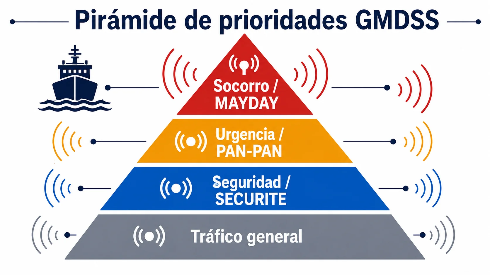 Pirámide de prioridades radioeléctricas: socorro · urgencia · seguridad · generales
