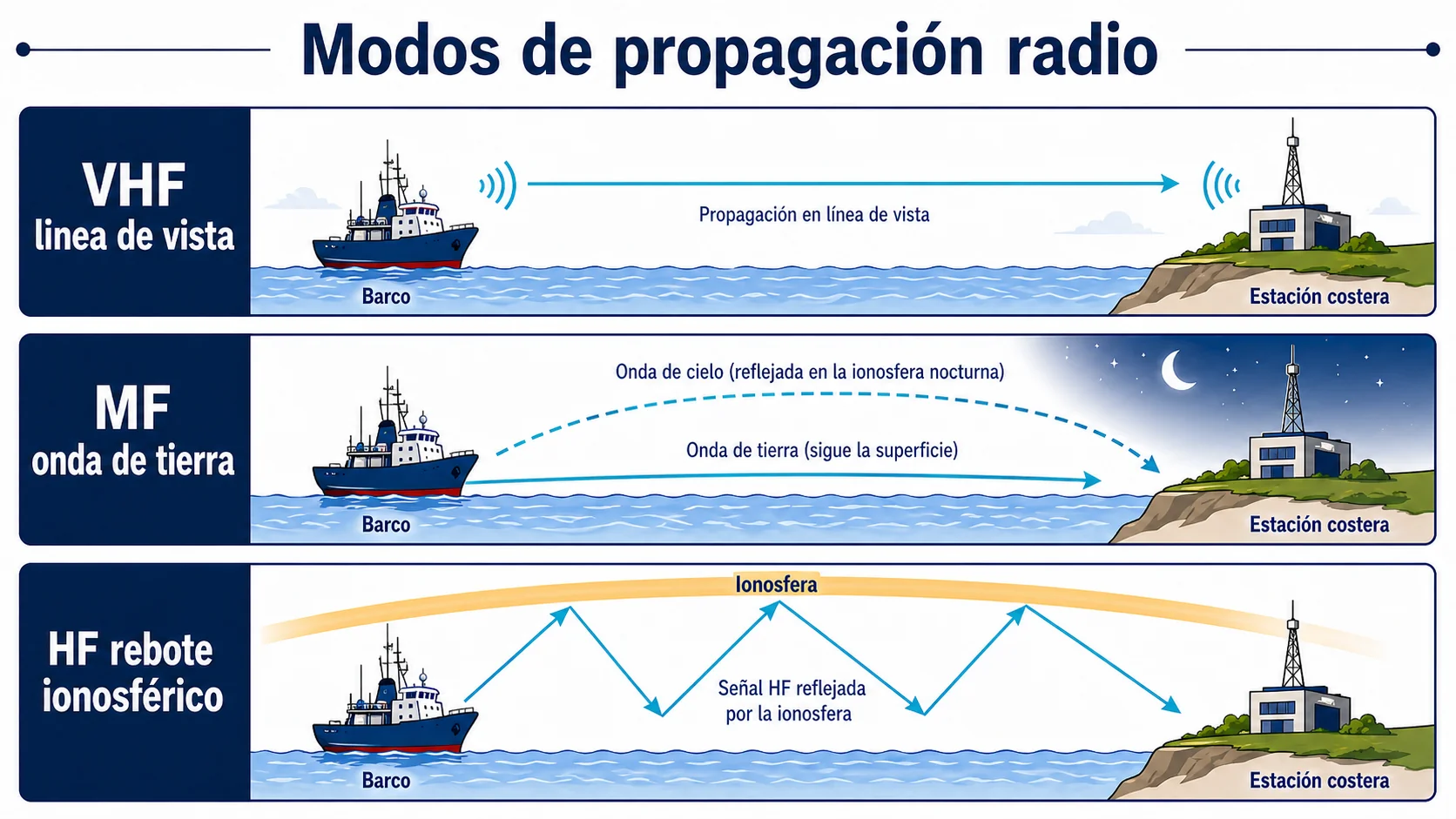 Tres modos de propagación: línea de vista (VHF), onda de tierra (MF) y rebote ionosférico (HF)