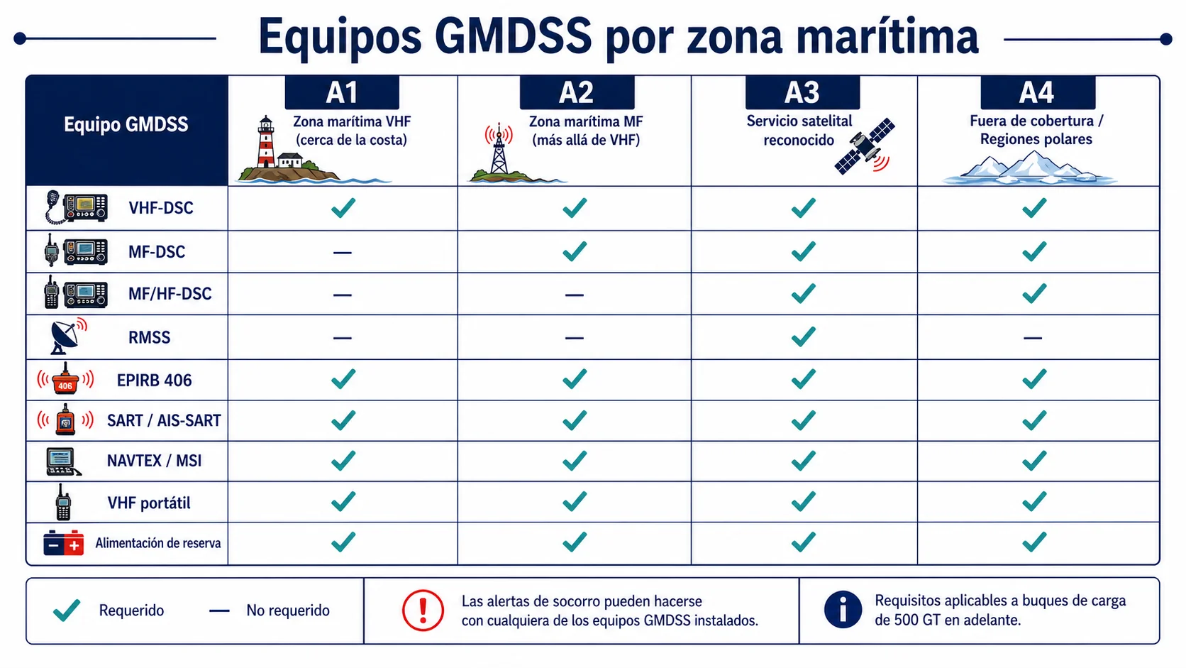 Matriz visual de equipos GMDSS exigidos por SOLAS en cada zona A1/A2/A3/A4, con ticks por cada obligación