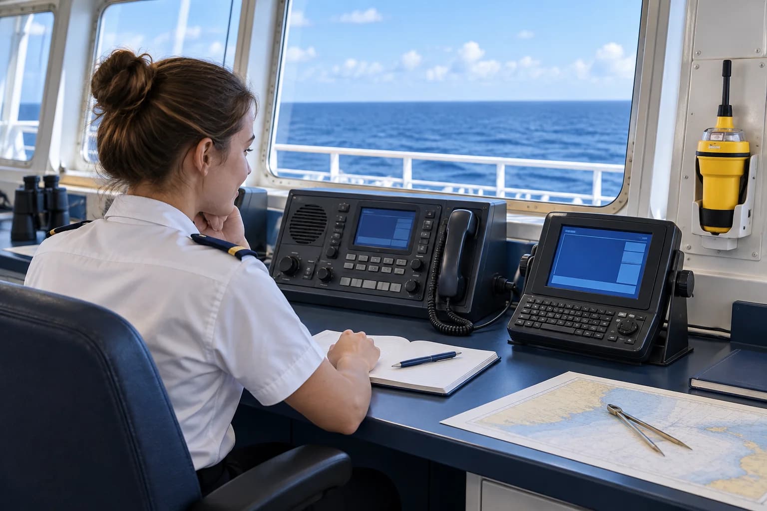 A learner at a ship's radio workstation, with a VHF handset, a satellite terminal and a stowed yellow emergency beacon.