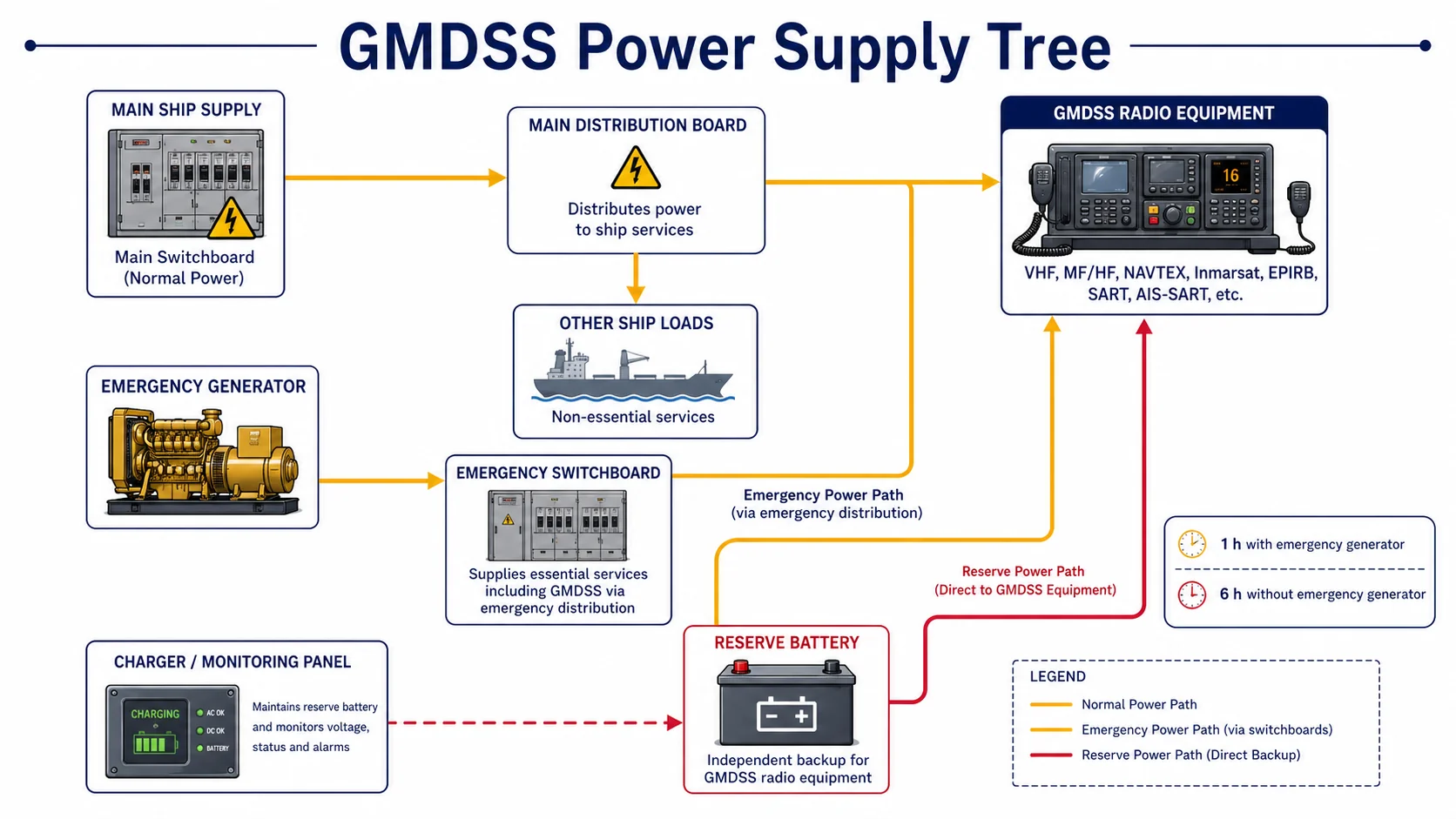 GMDSS power tree: main supply → ship emergency source → radio reserve battery, with required equipment on each branch
