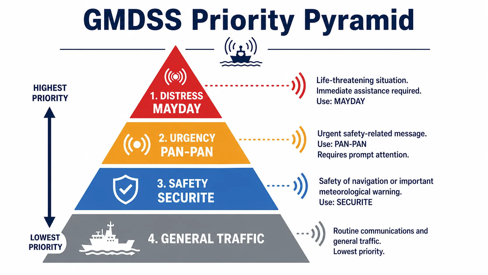 Radio priority pyramid: distress · urgency · safety · general