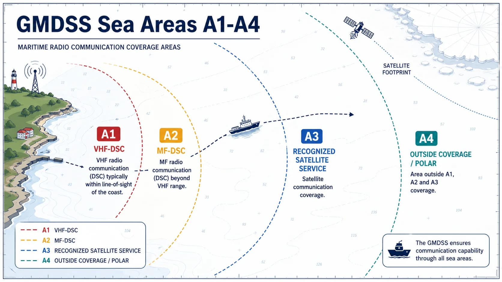 Mapa de zones marítimes A1–A4 al voltant d'una costa típica