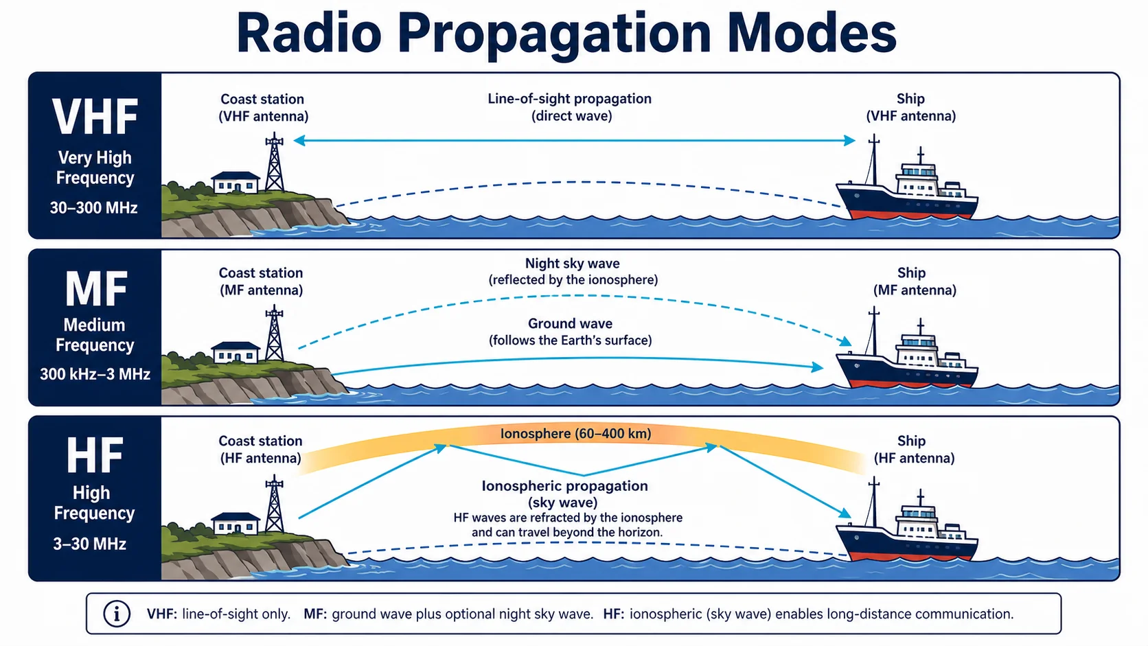 Tres modes de propagació: línia de vista (VHF), ona de terra (MF) i rebot ionosfèric (HF)