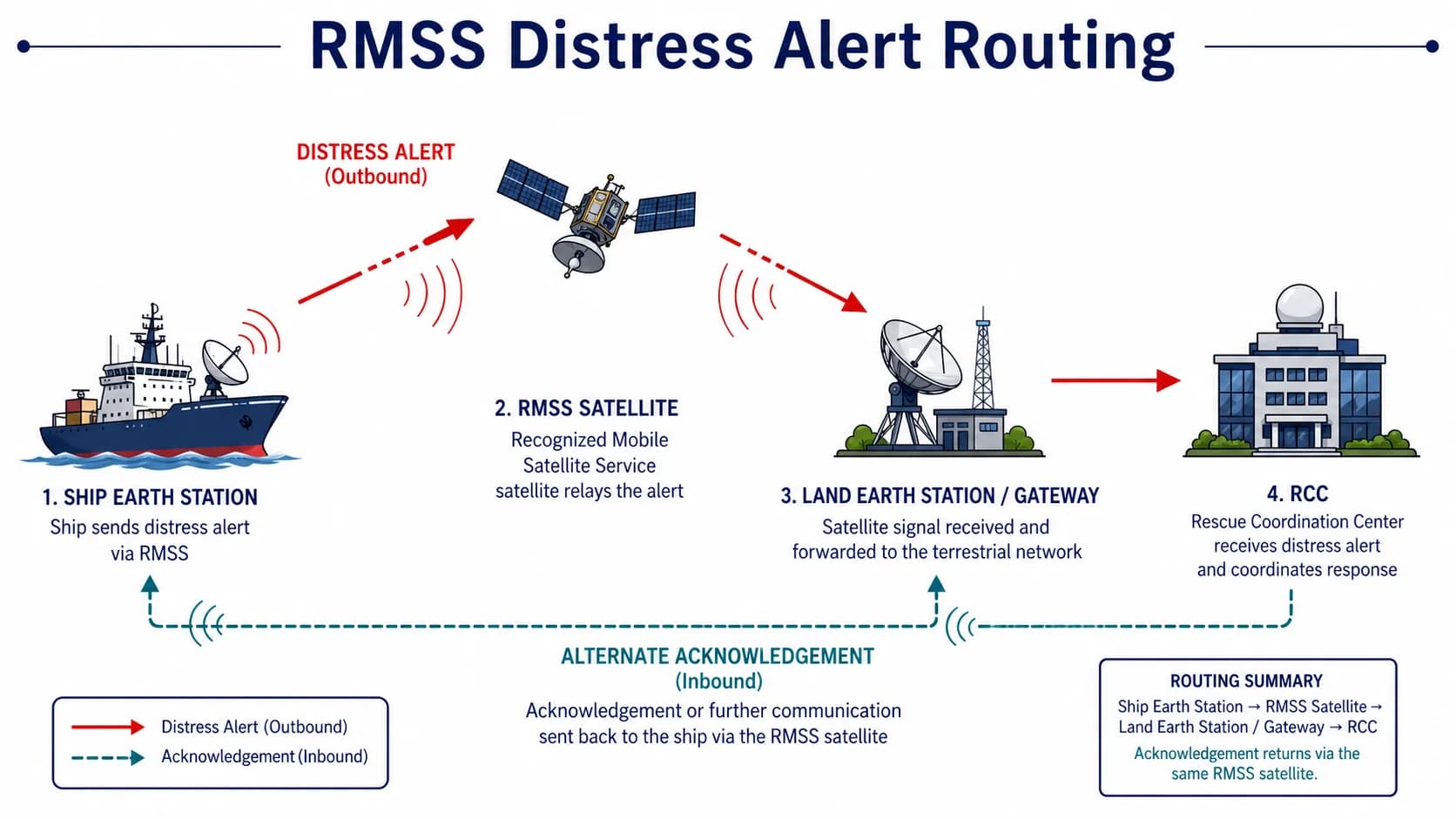 Enrutament d'alerta RMSS: terminal a bord → NCS/gateway → LES → RCC associat
